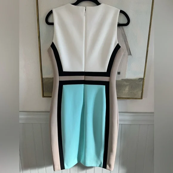 CALVIN KLEIN Scuba Colorblock Sleeveless Sheath Dress Tan Baby Blue Black Size 8 - Picture 7 of 11